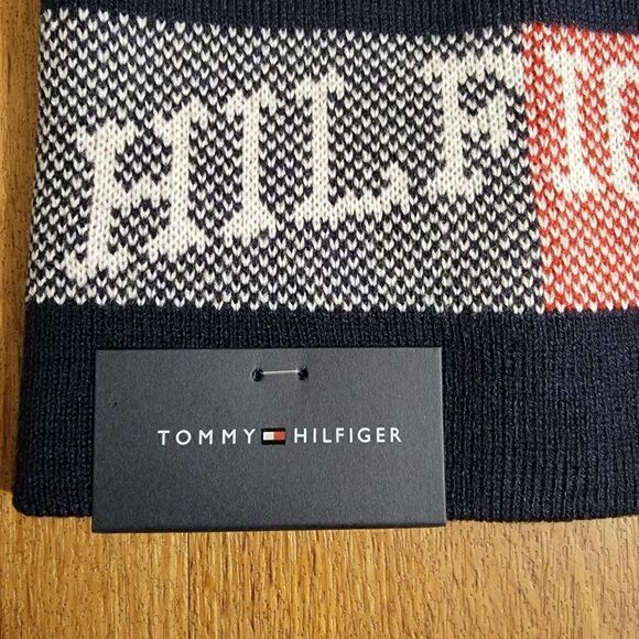 Tommy Hilfiger Navy Flag Beanie Hat Unisex Red White New Knit One Size Fleece